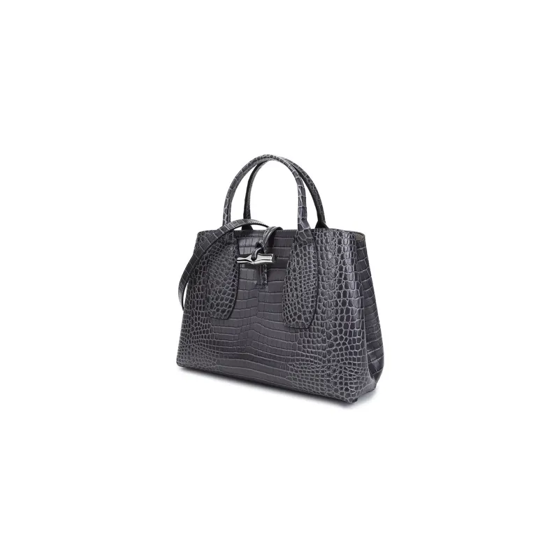 LONGCHAMP Roseau Cow Leather Handbag Medium Size Women's Metallic Gray-1