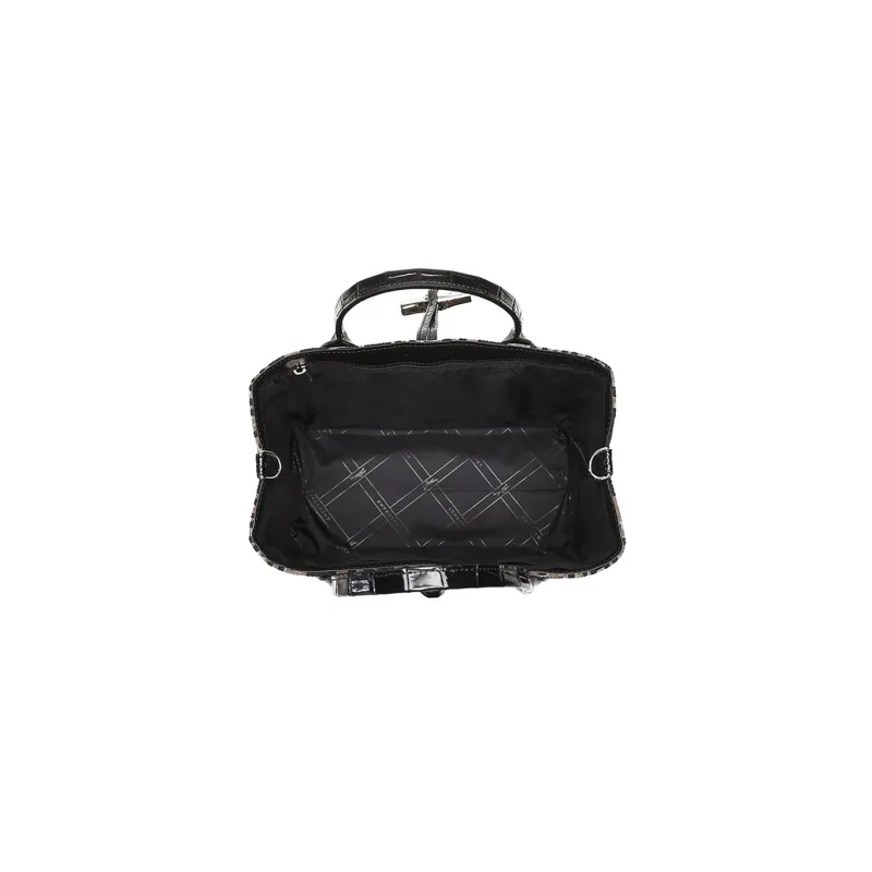 LONGCHAMP Roseau Cowhide Patchwork Canvas Canvas Bag Handbags Medium Size Women's Brown/Gray/Black-5