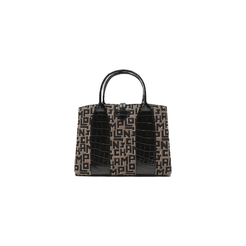 LONGCHAMP Roseau Cowhide Patchwork Canvas Canvas Bag Handbags Medium Size Women's Brown/Gray/Black-2