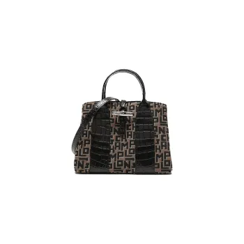 LONGCHAMP Roseau Cowhide Patchwork Canvas Canvas Bag Handbags Medium Size Women's Brown/Gray/Black