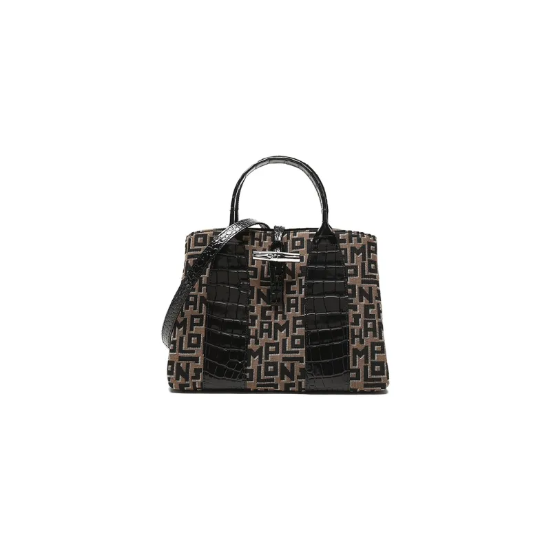 LONGCHAMP Roseau Cowhide Patchwork Canvas Canvas Bag Handbags Medium Size Women's Brown/Gray/Black-0