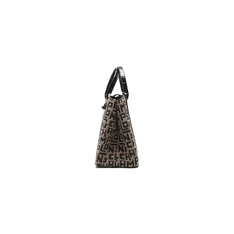 LONGCHAMP Roseau Cowhide Patchwork Canvas Canvas Bag Handbags Medium Size Women's Brown/Gray/Black-3