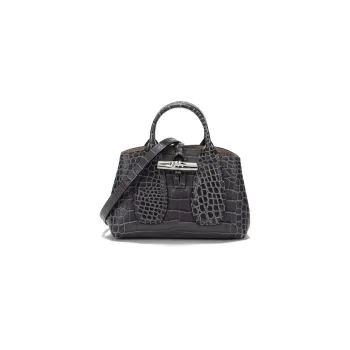 LONGCHAMP Roseau Crocodile Pattern Leather Big Bag, Shoulder Bag, Crossbody Bag, Handbag Mini Women's Metallic Gray
