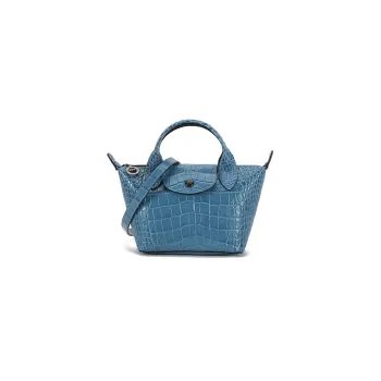 LONGCHAMP Crocodile Pattern Cow Leather Dumpling Bag Handbag Mini Women's Blue Gray