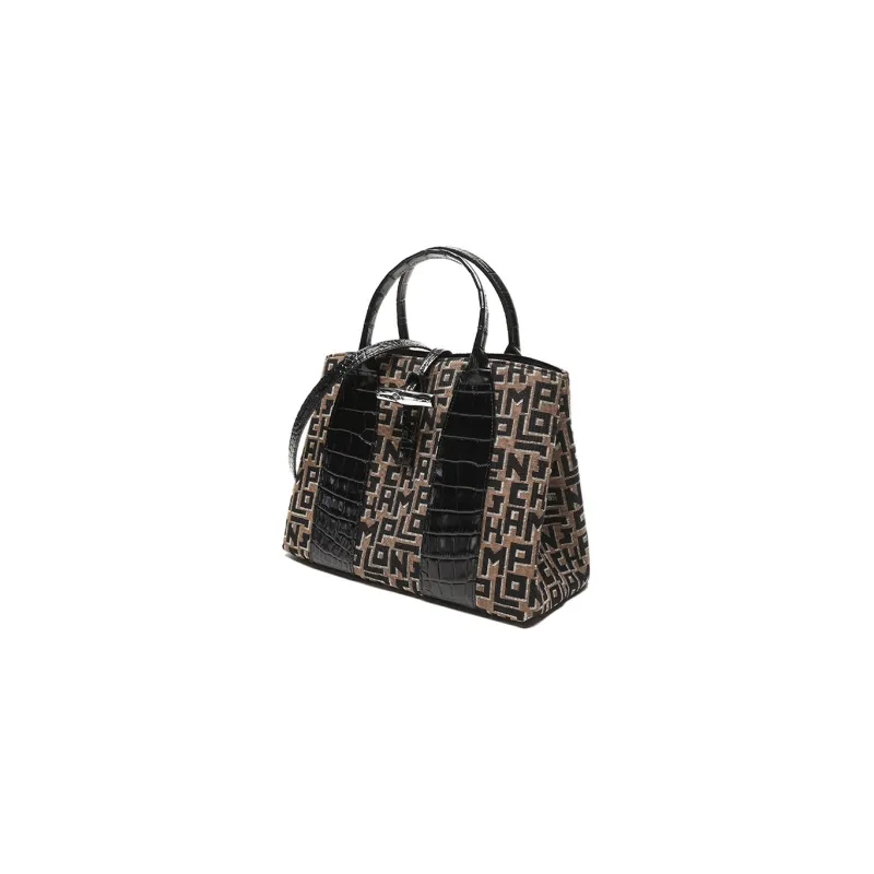LONGCHAMP Roseau Cowhide Patchwork Canvas Canvas Bag Handbags Medium Size Women's Brown/Gray/Black-1