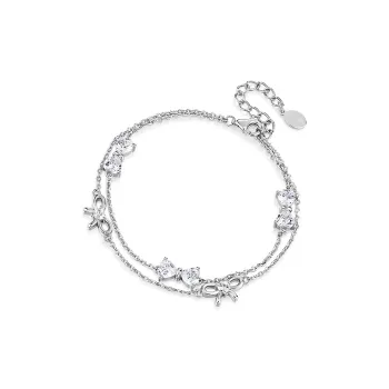 KADER S925 Silver With Gemstone Jewelry Bowknot Double Chain Layering Bracelet Women's