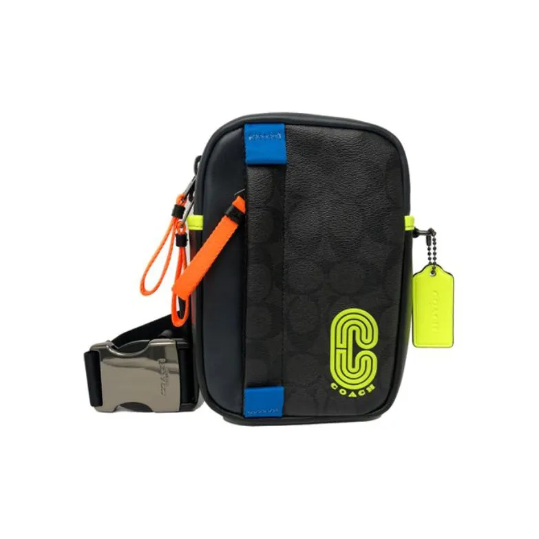 COACH Cowhide Patchwork Canvas Crossbody Bag Shoulder Bag Sling Bag Small Size Men's Blue With Neon Yellow Accents-1