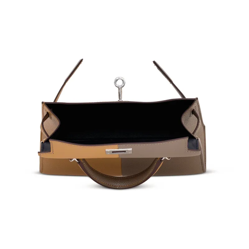 HERMES Mini Kelly Epsom Leather Kelly Bag Shoulder Bag Crossbody Bag Handbag Women's Beige/Elephant Gray/Indigo-4
