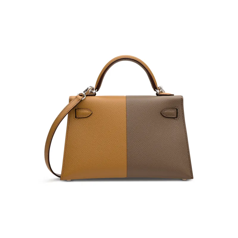 HERMES Mini Kelly Epsom Leather Kelly Bag Shoulder Bag Crossbody Bag Handbag Women's Beige/Elephant Gray/Indigo-2