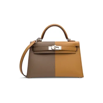HERMES Mini Kelly Epsom Leather Kelly Bag Shoulder Bag Crossbody Bag Handbag Women's Beige/Elephant Gray/Indigo