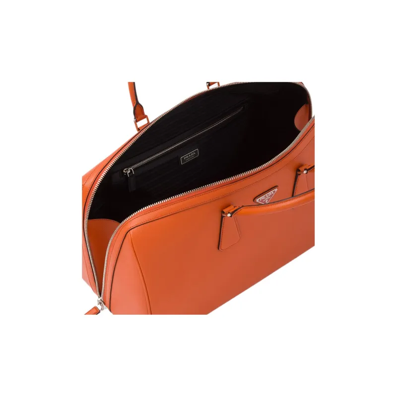 PRADA Symbol Cross-Stitch Leather Handbag Shoulder Bag Crossbody Bag Travel Bag Men's Papaya Color-3
