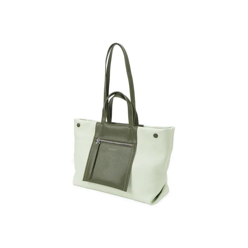 VENOF Cow Leather Tote Bag, Shopping Bag, Shoulder Bag, Handbag Tubas Women's New Album Green/Brown-6