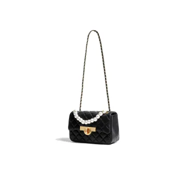 Miss Kung Sheepskin Chain Bag Small Square Bag Pearl Bag Crossbody Handbag Small Size Women's Black
