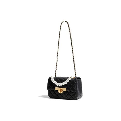 Miss Kung Sheepskin Chain Bag Small Square Bag Pearl Bag Crossbody Handbag Small Size Women's Black