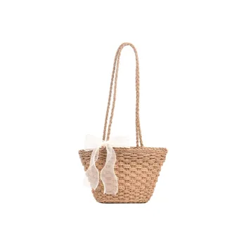 JANE KLAIN Straw Woven Basket Bag Bucket Bag Handbag Shoulder Bag Medium Size Women's Khaki/Ecru