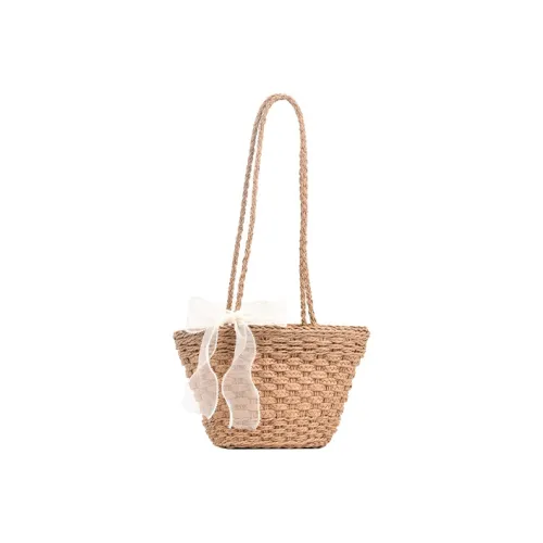 JANE KLAIN Straw Woven Basket Bag Bucket Bag Handbag Shoulder Bag Medium Size Women's Khaki/Ecru