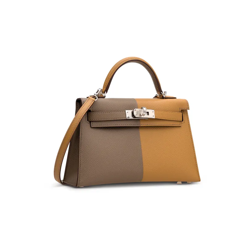 HERMES Mini Kelly Epsom Leather Kelly Bag Shoulder Bag Crossbody Bag Handbag Women's Beige/Elephant Gray/Indigo-1