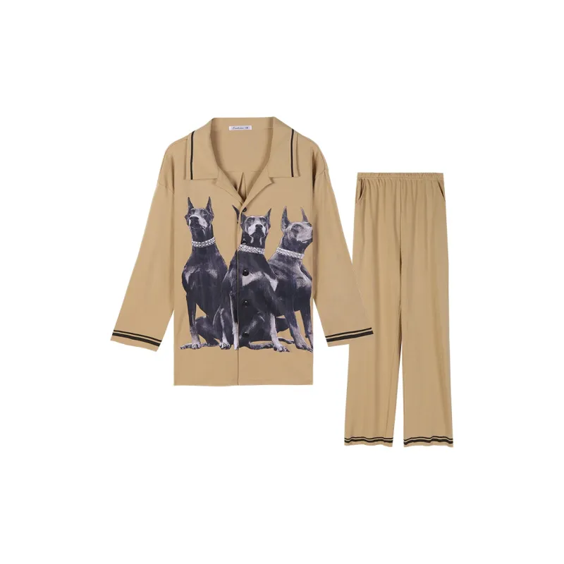 MEITENG Pajama Set Spring And Fall Unisex Brown Ecru-0