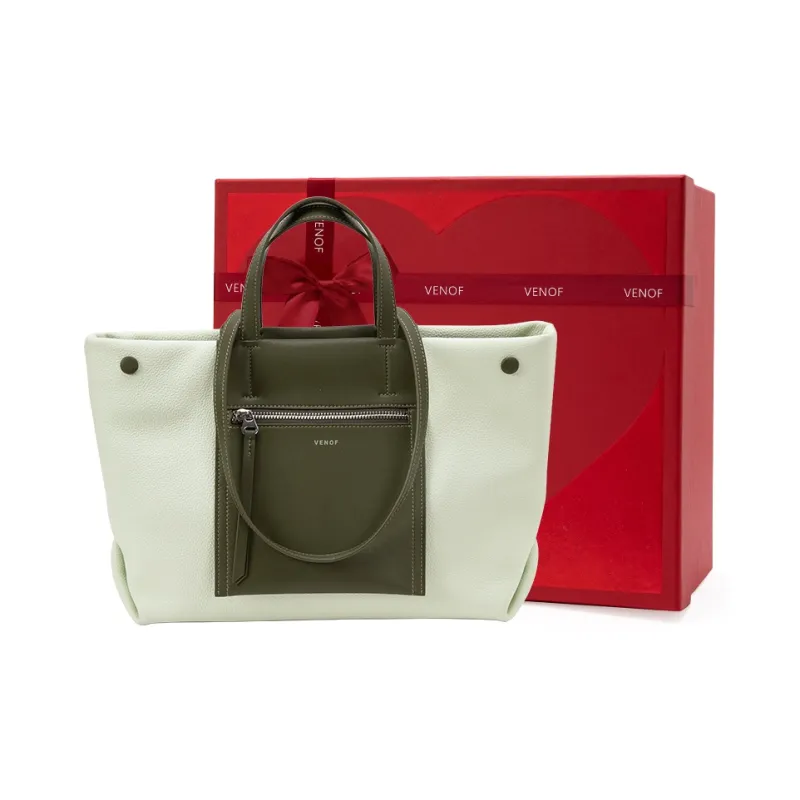 VENOF Cow Leather Tote Bag, Shopping Bag, Shoulder Bag, Handbag Tubas Women's New Album Green/Brown-14
