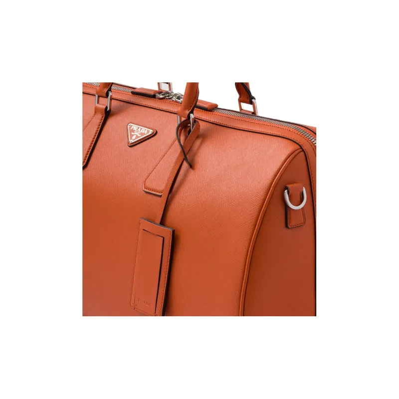 PRADA Symbol Cross-Stitch Leather Handbag Shoulder Bag Crossbody Bag Travel Bag Men's Papaya Color-4