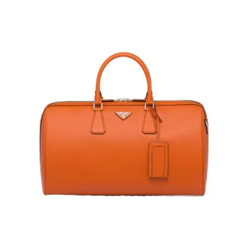 PRADA Symbol Cross-Stitch Leather Handbag Shoulder Bag Crossbody Bag Travel Bag Men's Papaya Color