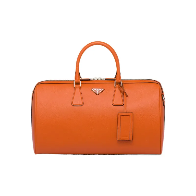 PRADA Symbol Cross-Stitch Leather Handbag Shoulder Bag Crossbody Bag Travel Bag Men's Papaya Color-0