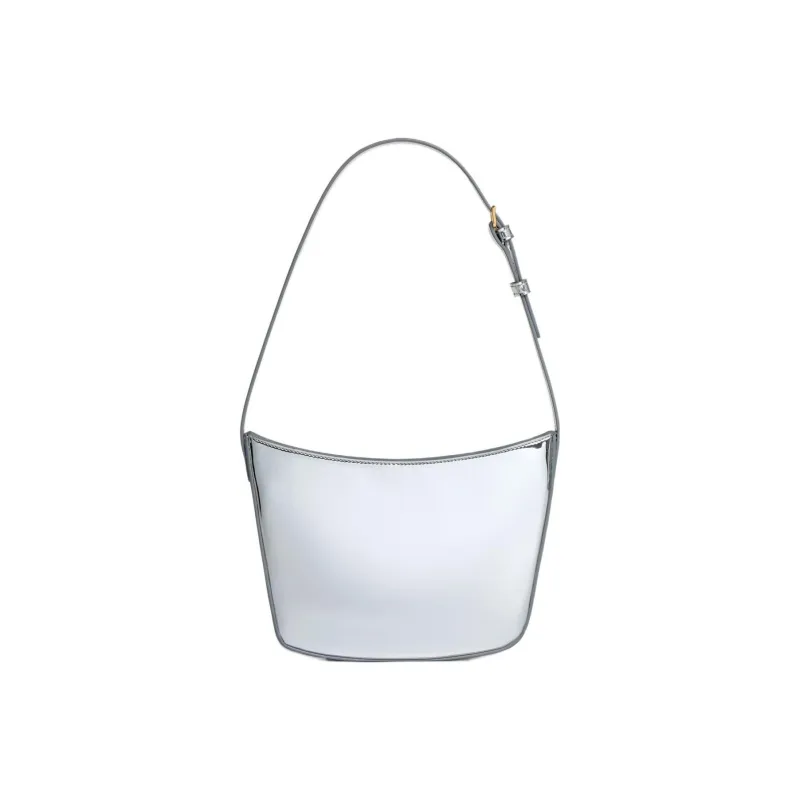 CELINE Croque Mirror Finish Fabric One Shoulder Handbags Medium Size Women's Silver-2
