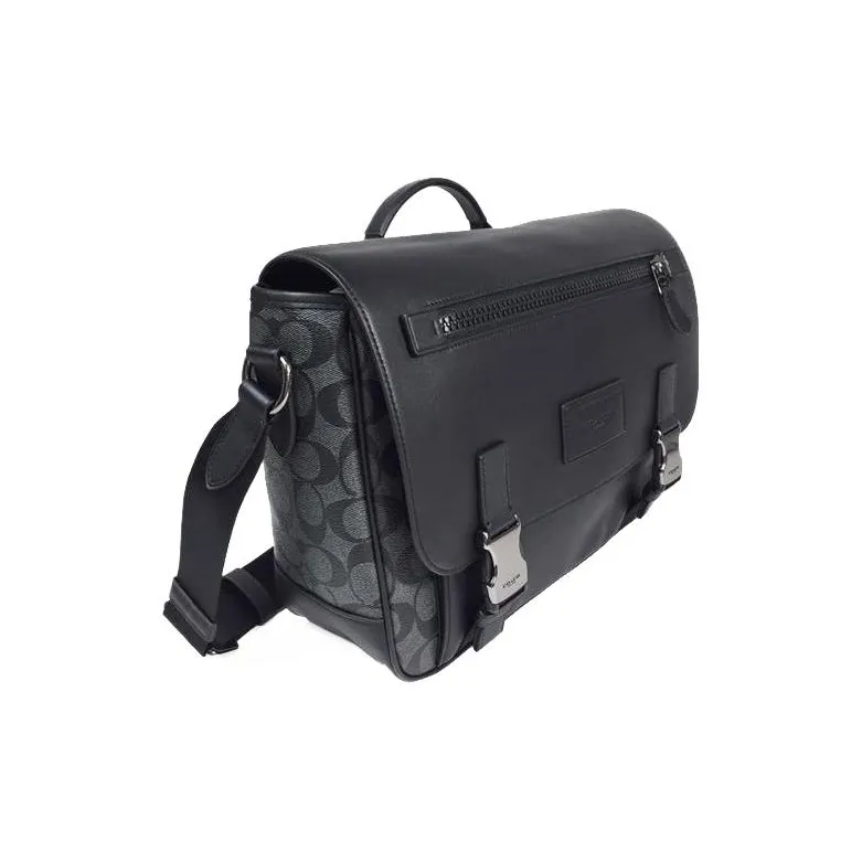 COACH Track Coated Canvas With Smooth Calfskin Messenger Bag Shoulder Bag Crossbody Bag Handbag Large Size Men's Black-2