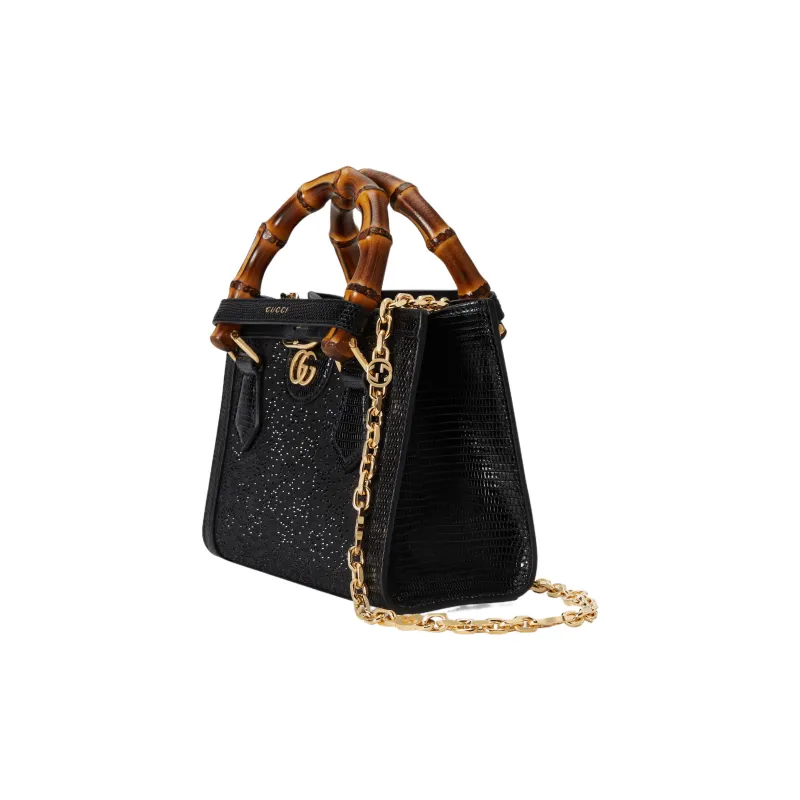 GUCCI Diana Lizard Skin Tote Bag Shopping Bag Shoulder Bag Crossbody Bag Handbag Mini Women's Black-3