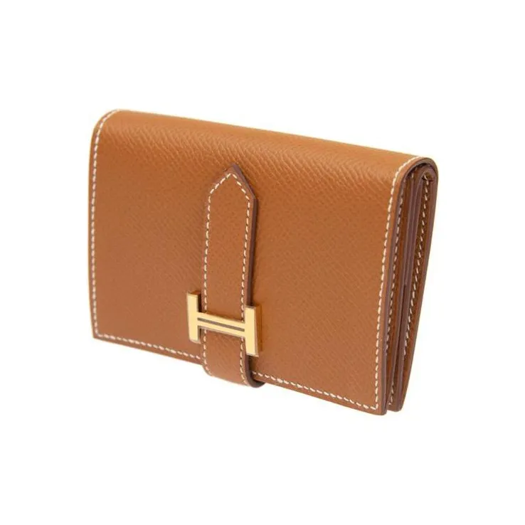 HERMES Bearn Epsom Calfskin Card Holders Coin Purses Wallets Regular Women's Gold Brown-2