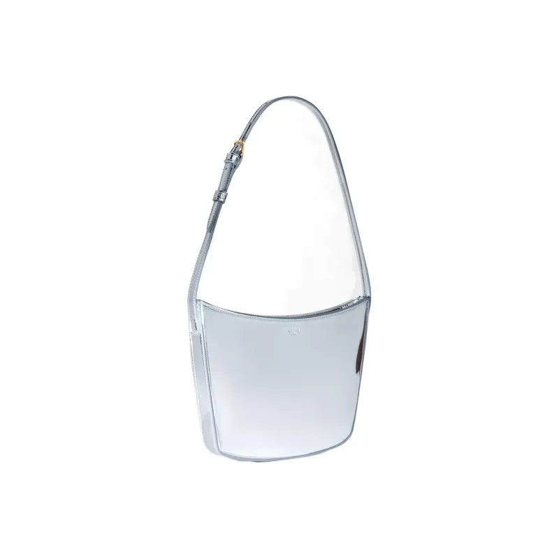 CELINE Croque Mirror Finish Fabric One Shoulder Handbags Medium Size Women's Silver-1