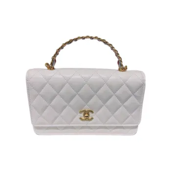 CHANEL Cow Leather Wallet On Chain, One Shoulder Handbag Women's White