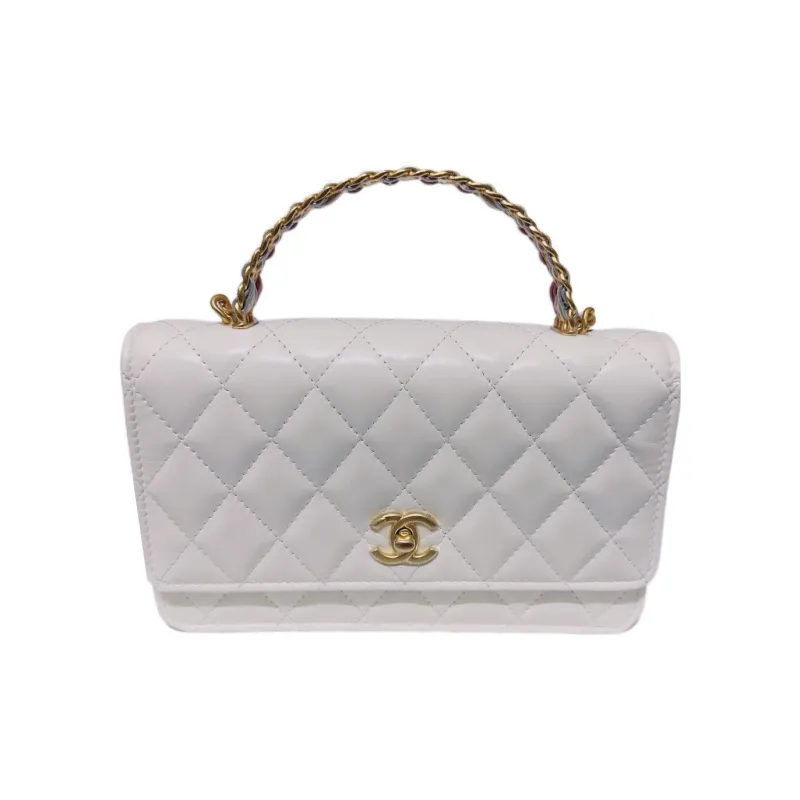 CHANEL Cow Leather Wallet On Chain, One Shoulder Handbag Women's White-0
