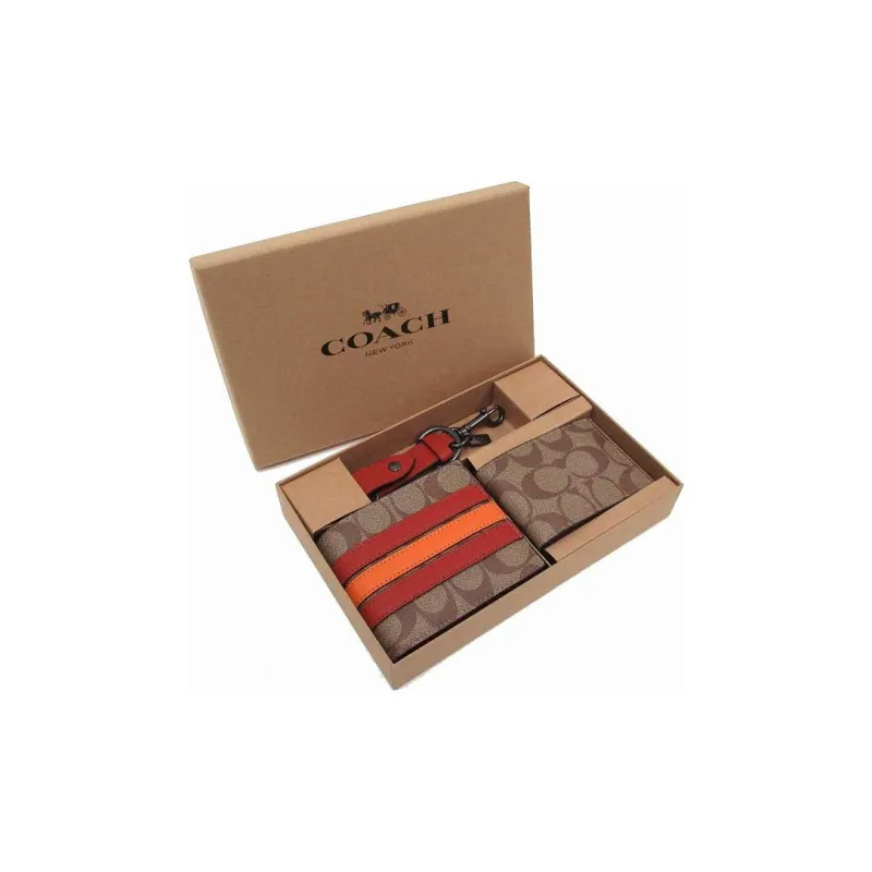 COACH 3 IN 1 Wallet Coated Canvas With Natural Pebbled Leather Set Wallet Men's Khaki-2