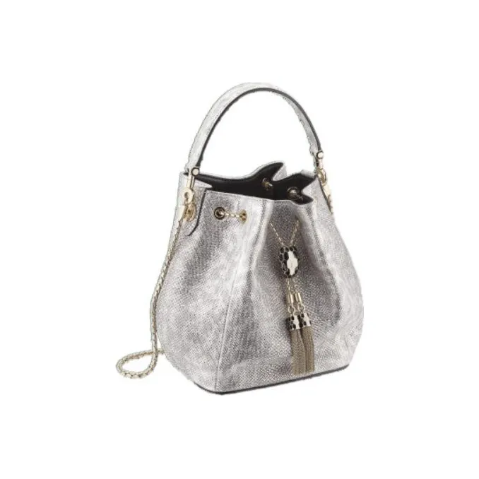 BVLGARI Water Snake Skin Bucket Drawstring Bag Handbag Shoulder Bag Women's Silver-2