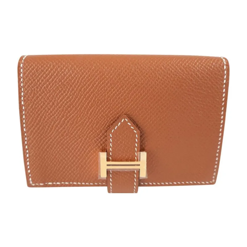 HERMES Bearn Epsom Calfskin Card Holders Coin Purses Wallets Regular Women's Gold Brown-3