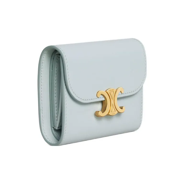 CELINE Triomphe Shiny Calfskin Card Holder Wallet Small Size Women's Soft Blue-1