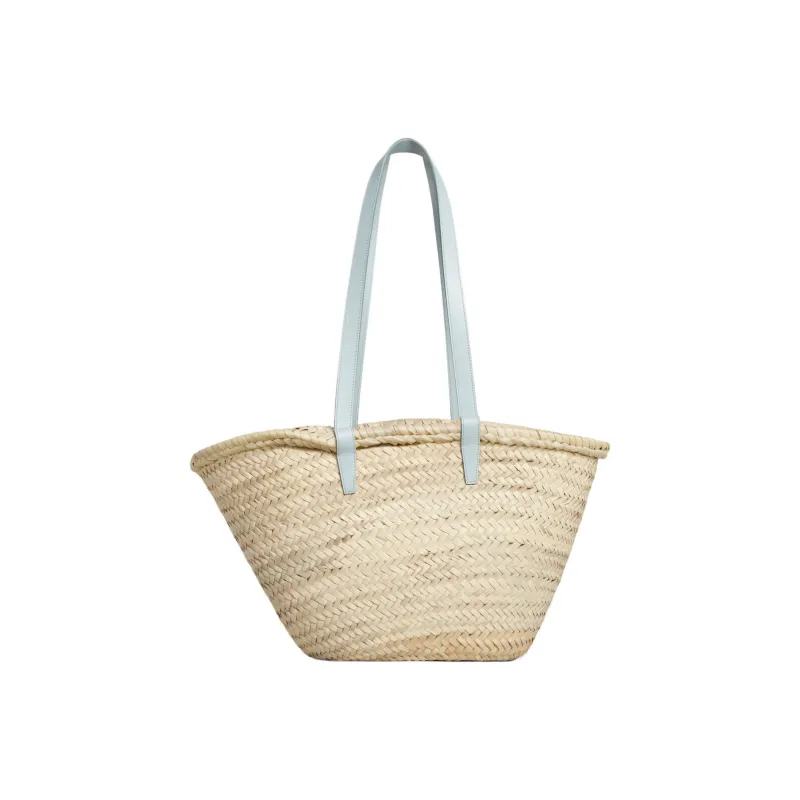 CELINE Triomphe Palm Leaf With Calfskin Trim Basket Bag, Handbag, Shoulder Bag Medium Size Women's Soft Blue-4