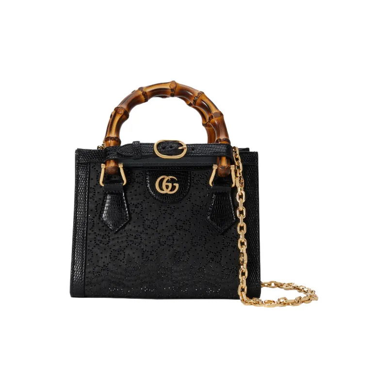 GUCCI Diana Lizard Skin Tote Bag Shopping Bag Shoulder Bag Crossbody Bag Handbag Mini Women's Black-1