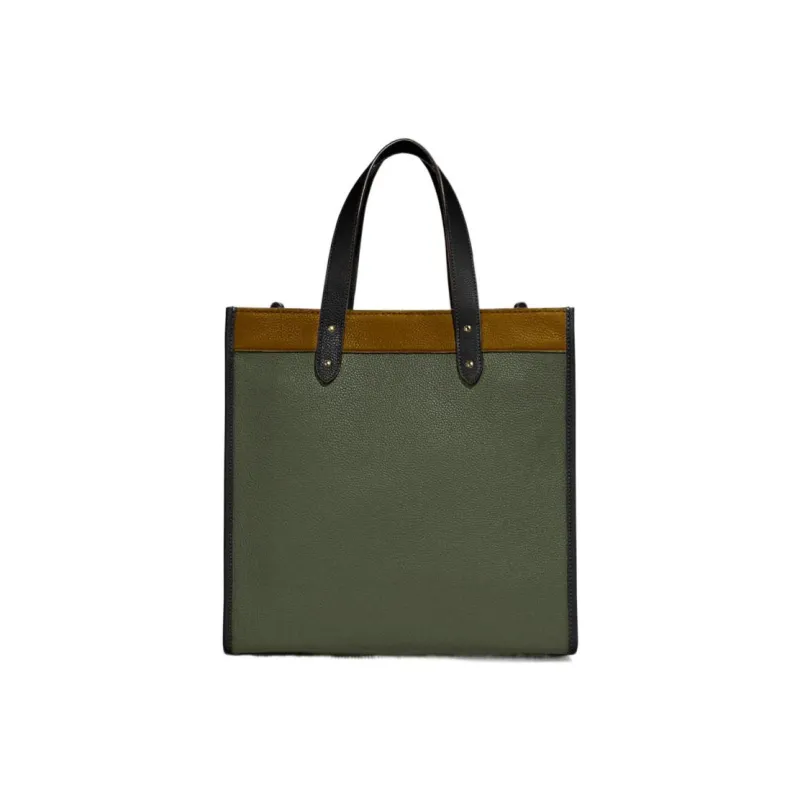 COACH Field Leather Vertical Tote Bag, Shopping Bag, Shoulder Bag, Handbag Large Size Women's Army Green & Brown-3