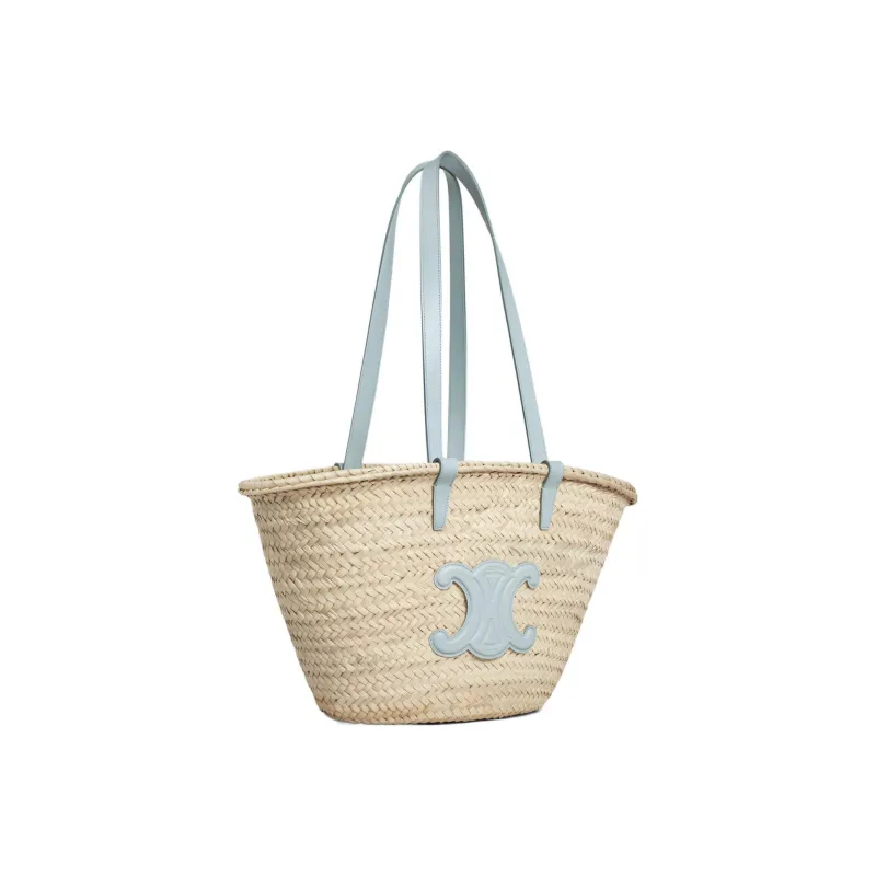 CELINE Triomphe Palm Leaf With Calfskin Trim Basket Bag, Handbag, Shoulder Bag Medium Size Women's Soft Blue-1