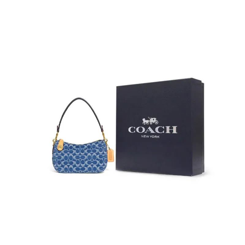 COACH Cotton With PVC With Fabric Pochette, Shoulder Bag, Crossbody Bag Women's Denim Blue-0