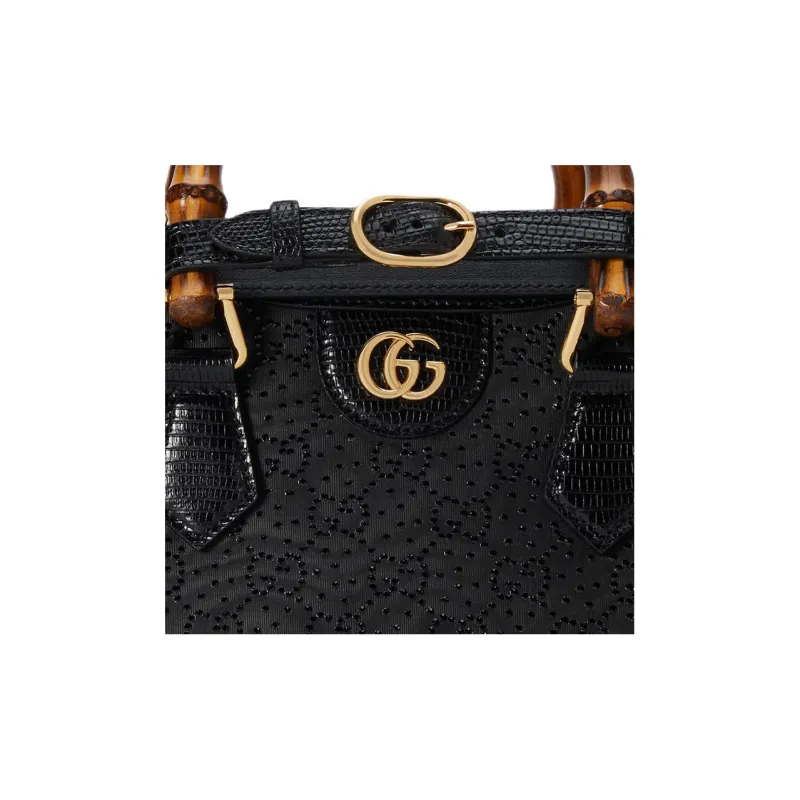 GUCCI Diana Lizard Skin Tote Bag Shopping Bag Shoulder Bag Crossbody Bag Handbag Mini Women's Black-10
