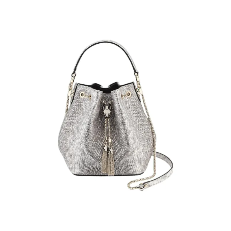 BVLGARI Water Snake Skin Bucket Drawstring Bag Handbag Shoulder Bag Women's Silver-1