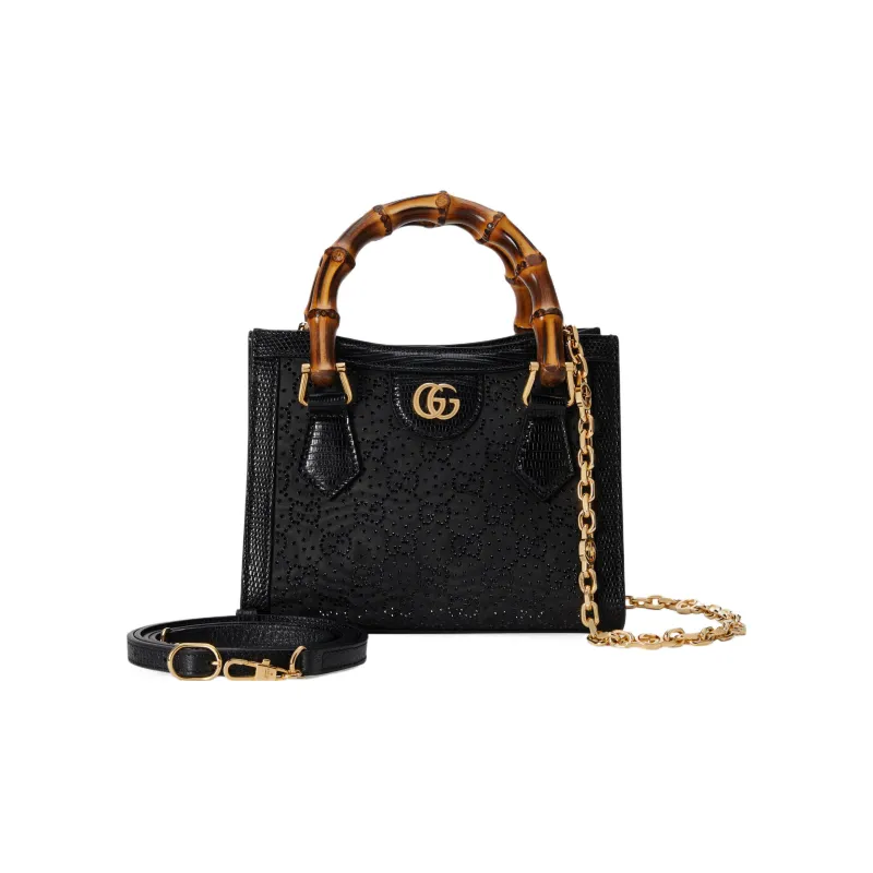 GUCCI Diana Lizard Skin Tote Bag Shopping Bag Shoulder Bag Crossbody Bag Handbag Mini Women's Black-2