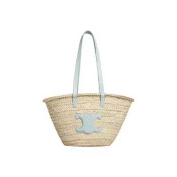 CELINE Triomphe Palm Leaf With Calfskin Trim Basket Bag, Handbag, Shoulder Bag Medium Size Women's Soft Blue