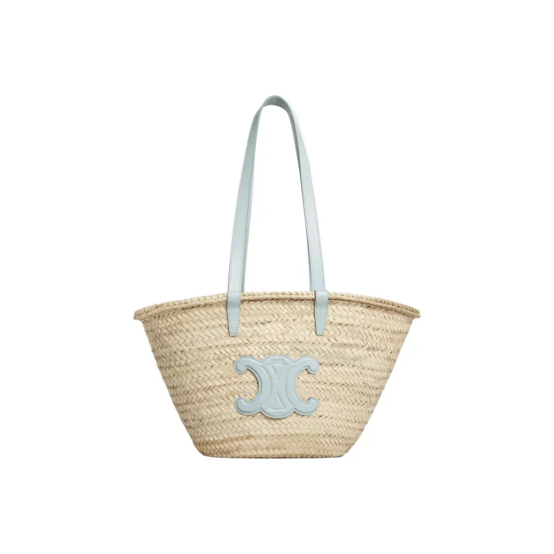 CELINE Triomphe Palm Leaf With Calfskin Trim Basket Bag, Handbag, Shoulder Bag Medium Size Women's Soft Blue-0