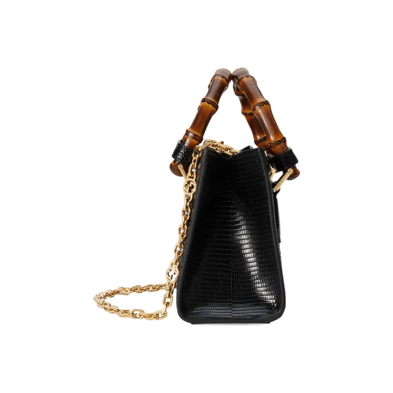 GUCCI Diana Lizard Skin Tote Bag Shopping Bag Shoulder Bag Crossbody Bag Handbag Mini Women's Black-6