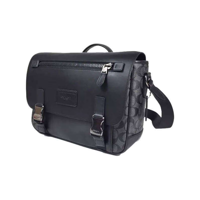 COACH Track Coated Canvas With Smooth Calfskin Messenger Bag Shoulder Bag Crossbody Bag Handbag Large Size Men's Black-1