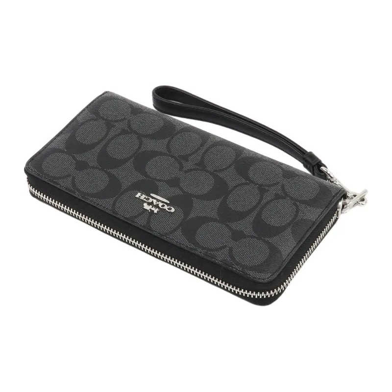 COACH Zip Around Coated Canvas With Leather Card Holder, Wallet Regular Women's Black-1